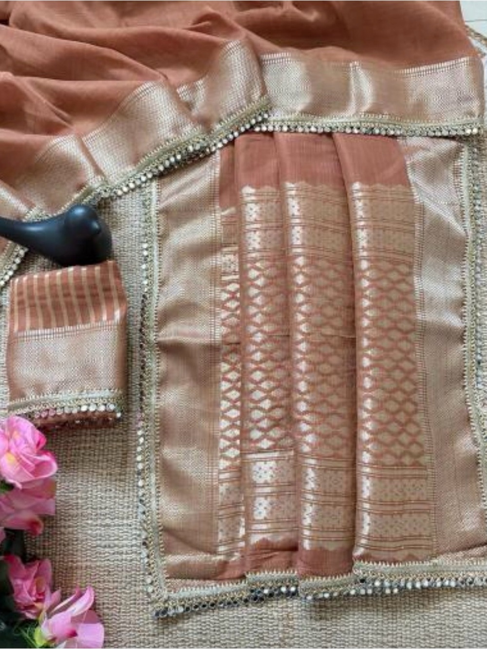Elegant Peach-Gold Woven Tusser Silk real mirror border Saree